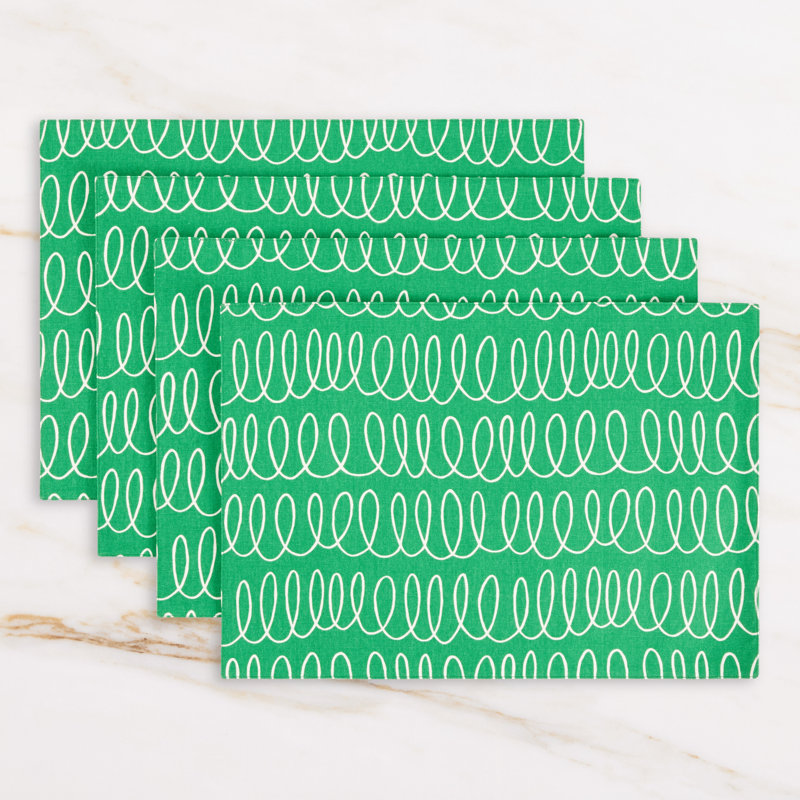 Green and White Reversible Cotton Placemats Set of 4