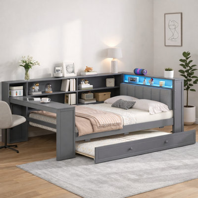 Twin Size Daybed With Trundle & Built-In Desk, Upholstered Led Headboard And Charging Shelves, Contemporary, Living Room