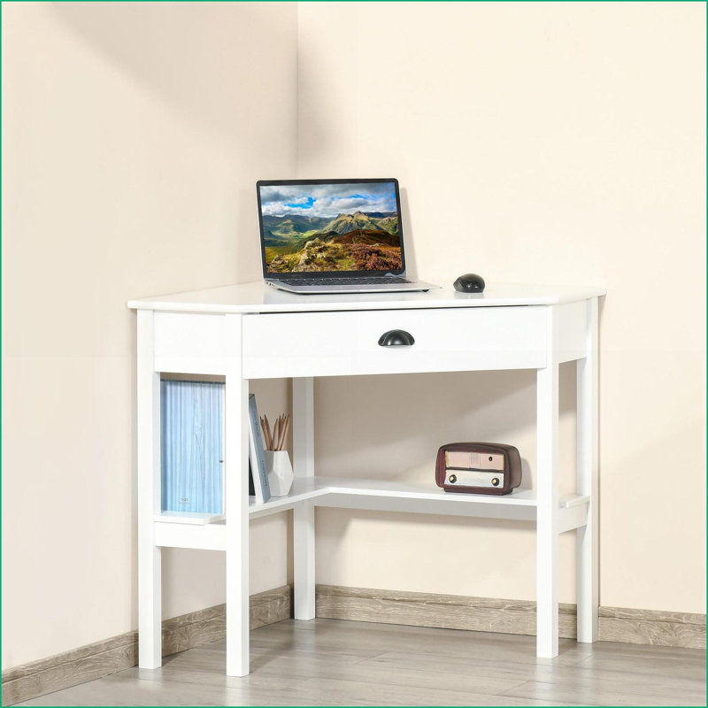 Bureaux, bureau d'ordinateur d'angle compact avec tiroir et amp; Tablettes pour petits espaces, blanc | Panneau de fibres à densité moyenne P2