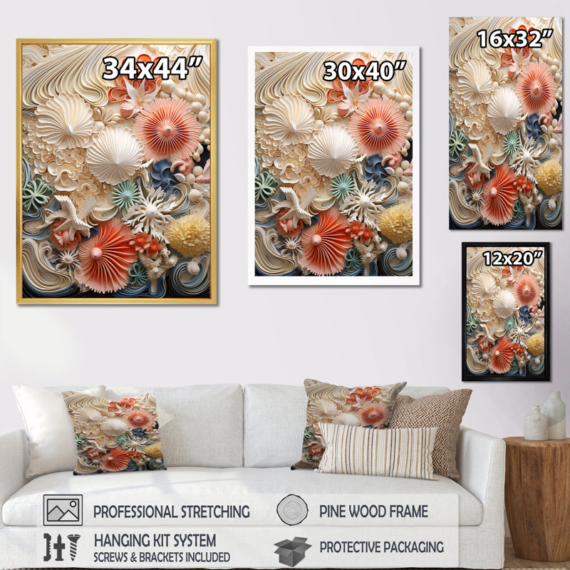 Créatures marines luxuriantes sur toile, H 40 po x l 30 po x P 1,5 po, Cadre flottant blanc