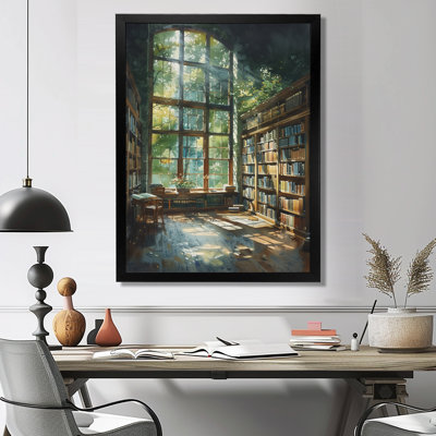 Green brown bookshelves library Quiet haven II - Libraries Framed Art