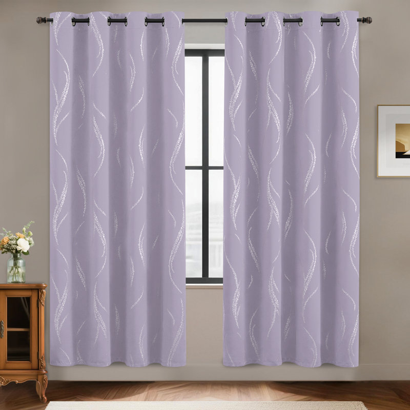 100% Blackout Thermal Insulated Curtains - Wave Line with Dots Silver Print, Grommet Top, 2 Panels, 52" W x 72" H, Lilac