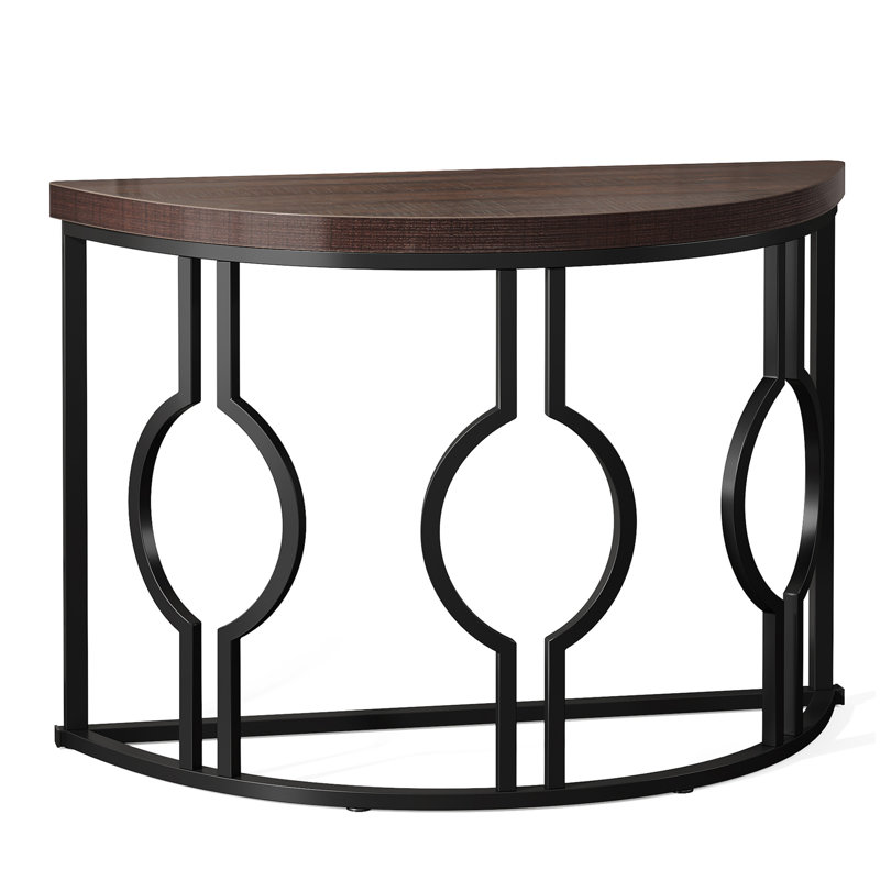 Half Moon Console Table for Entryway, 43 Inch Industrial Semi Circle Sofa Table with Geometric Base, Wood Accent Table for Living Room, Hallway, Foyer, Entrance, Rustic Brown
