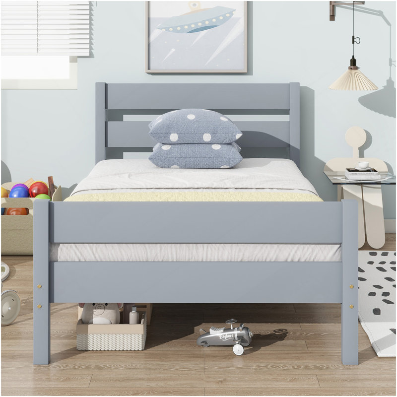 Lit simple avec tête et pied de lit, lit en bois d'hévéa, gris