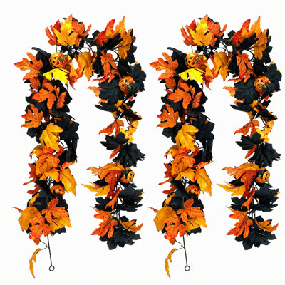 2 guirlandes de 2 feuilles d'Halloween en forme de citrouille artificielle, vignes suspendues 68,9 pouces avec citrouille-lanterne et araignées, lierre d'automne pour mur, arche, cheminée, décoration de fête d'Halloween