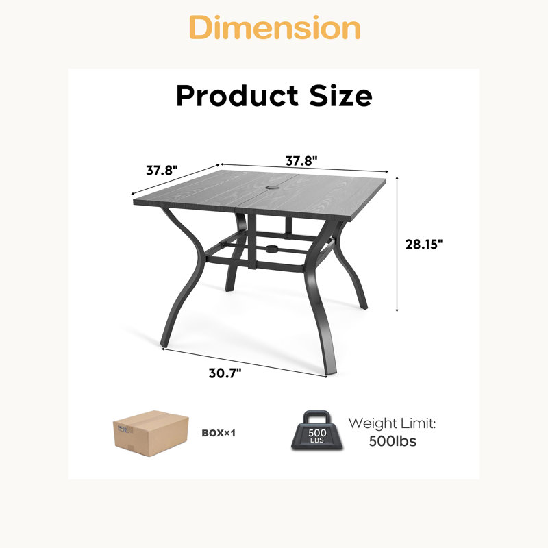 Table de patio en métal 37,8 po carré avec trou pour parasol, structure en acier robuste résistant à la rouille et facile à nettoyer