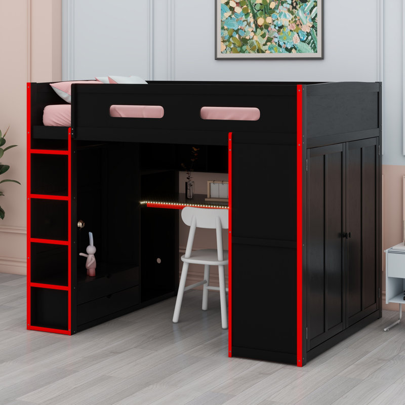 Wood Loft Bed With Desk,Wardrobe,Ample Storage Space,And RGB LED Light, Red/Black