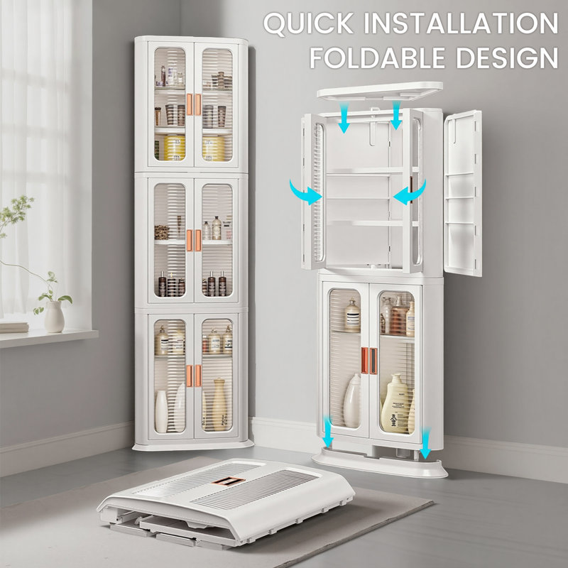 64'' Tall Corner Storage Cabinet with Doors & Shelves, White Bathroom Organizer, Kitchen Pantry, Living Room Display Cabinet, White Bookcase