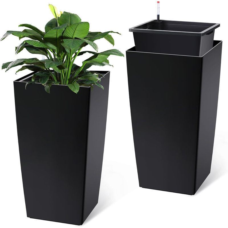 30 Inch Tall Rectangular Planters Set of 2, with Drainage Holes&Water Level Monitor&Wheels, Black