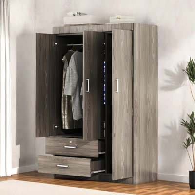 Armoire penderie 3 portes avec 2 tiroirs, tablettes et rail de suspension pour le rangement de la chambre à coucher