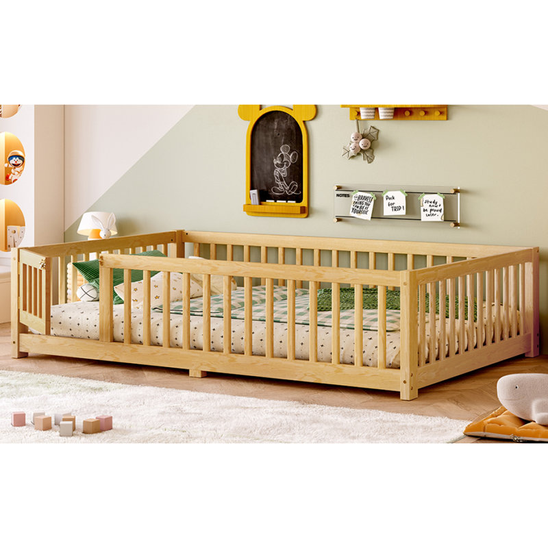 Lit double pleine grandeur avec garde-corps et porte pour enfants, naturel (ancien SKU: W1580P154627), Naturel, Lit double