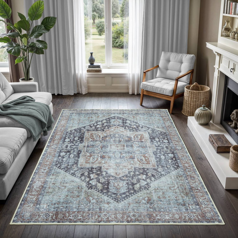 GLN Rugs Vintage Collection - Machine Washable Area Rug, Vintage Washable Rug, Non Slip Area Rug, Low Pile Living Room Rug, Bedroom Rug, Bathroom Rug - Easy Clean (Brown and Gray Area Rug)