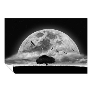 Birds Flying Over Dark Night Moon Artistic - No Frame Print