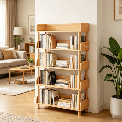Bibliothèque moderne en bois ouverte, bibliothèque à 5 niveaux avec rebord supérieur et structure en bois massif