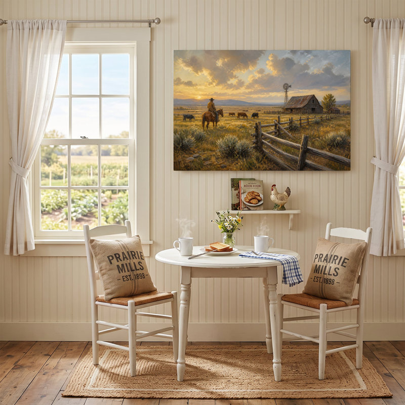 Reproduction sur toile d'une peinture représentant un ranch de cowboys au coucher du soleil - 51 x 76 cm, 20"Hx30"W