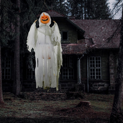 3.9' Outdoor Hanging Halloween Decoration, Pumpkin Ghost, Sound Activated Prop With Light Up Eyes & Creepy Howling Sounds