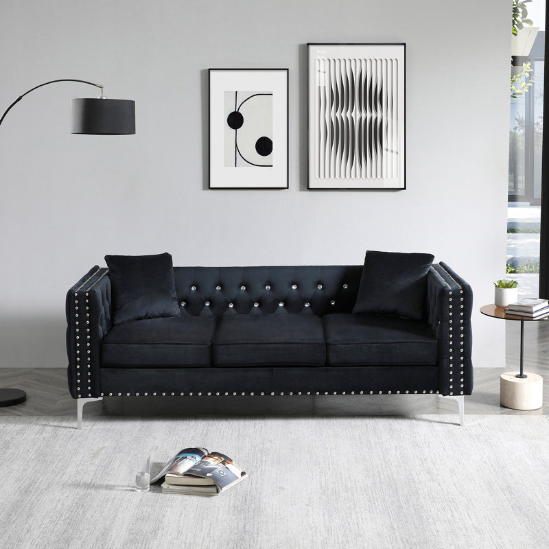Moderne, largeur de 82,3 po, velours noir à 3 places, capitonnage à boutons, carré, structure en bois massif, pieds en métal, 2 coussins décoratifs, canapé simple à installer avec boutons, style classique, structure, facile à poser