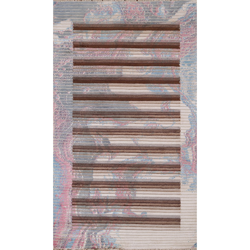 Tapis oriental abstrait rayé à la main 3 x 5