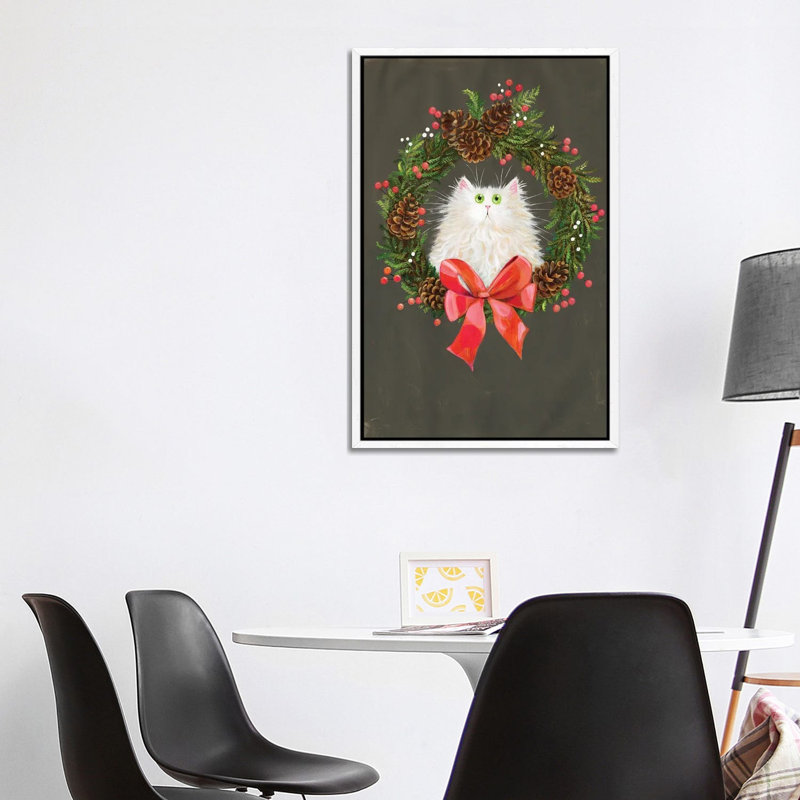 Festive Wreath White Cat by Kim Haskins - Print on Canvas, White Framed, 101.6 cm H x 66.04 cm W