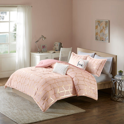 Ensemble d'édredon contemporain en polyester brossé avec motif géométrique métallique