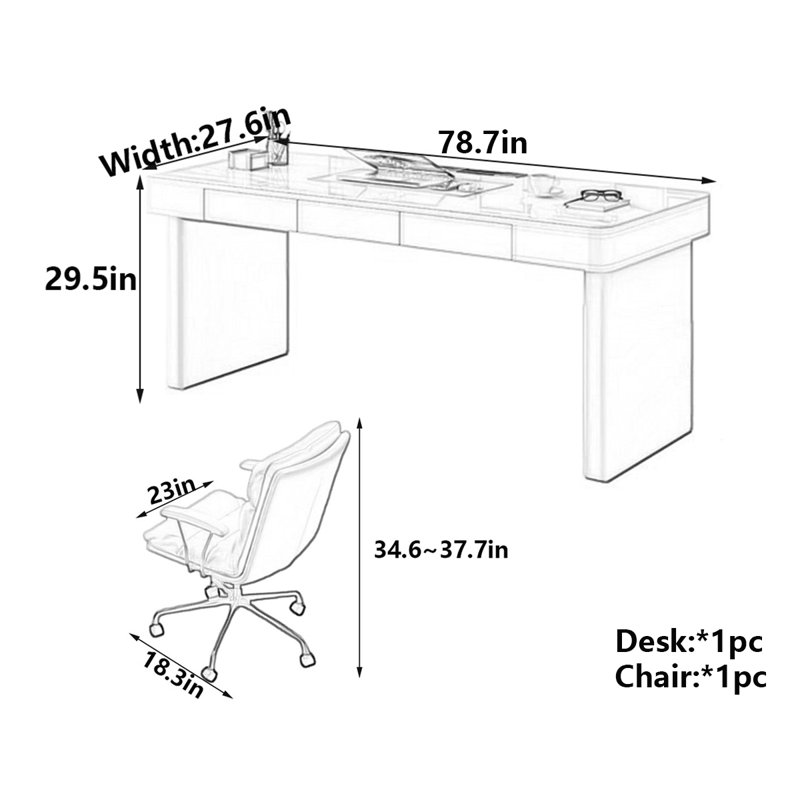 Bureau crème-moderne de luxe Rock-Slab, H 29,5 po x l 78,7 po x P 27,6 po