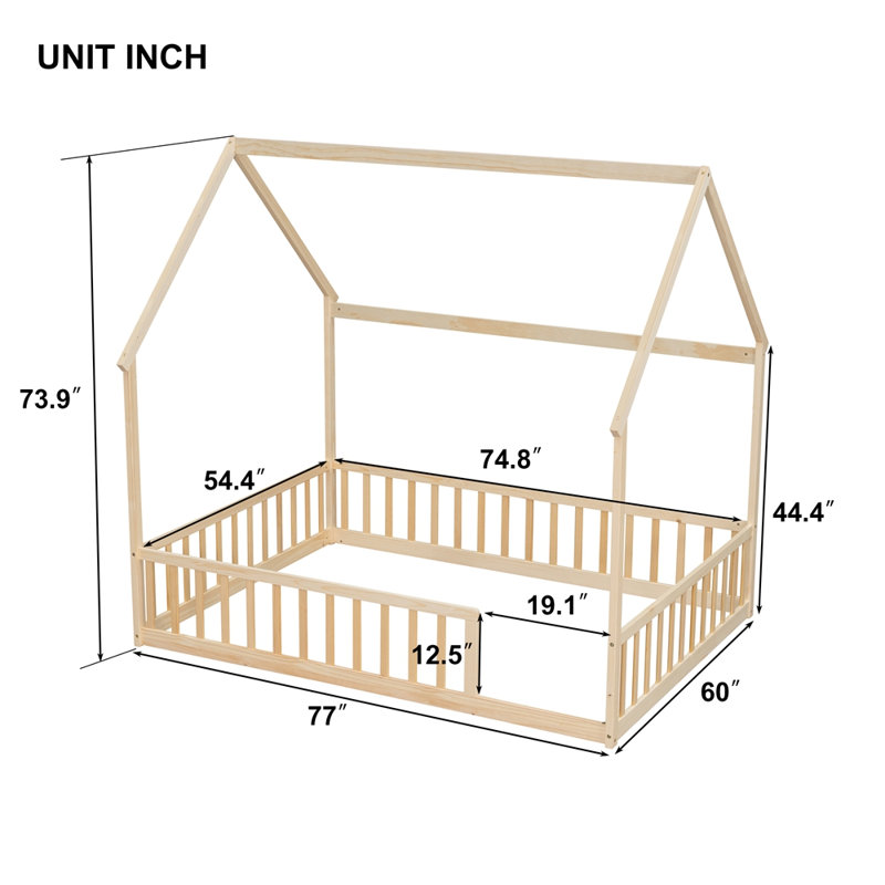 Lit de maison avec structure de toit, lit en bois de pin avec garde-corps, Naturel, Full / Double