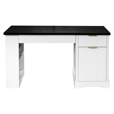 Bureau cannelé moderne de 55 po avec prise de courant et panneau perforé, bureau d'ordinateur avec tablette ajustable, tiroir et plateau à clavier, rangement intégré pour le bureau personnel et le bureau