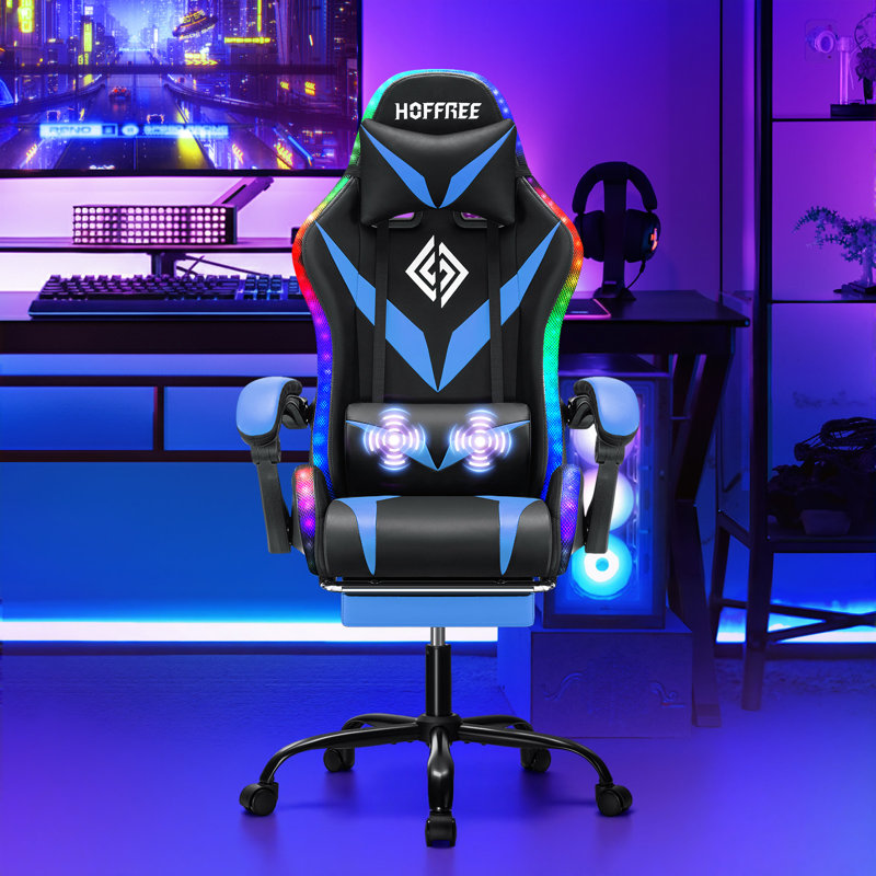 HOFFREE Gaming Chair With LED RGB Lights Massage Video Gamer Chairs With Footrest Ergonomic High Back Reclining Computer Chair With Adjustable Lumbar Support