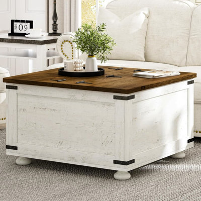 Paccione Single Coffee Table,Farmhouse Coffee Table with Storage, Large Square Coffee Table with Wood Gourd Feet and Hydraulic Gas Rod for Living Room