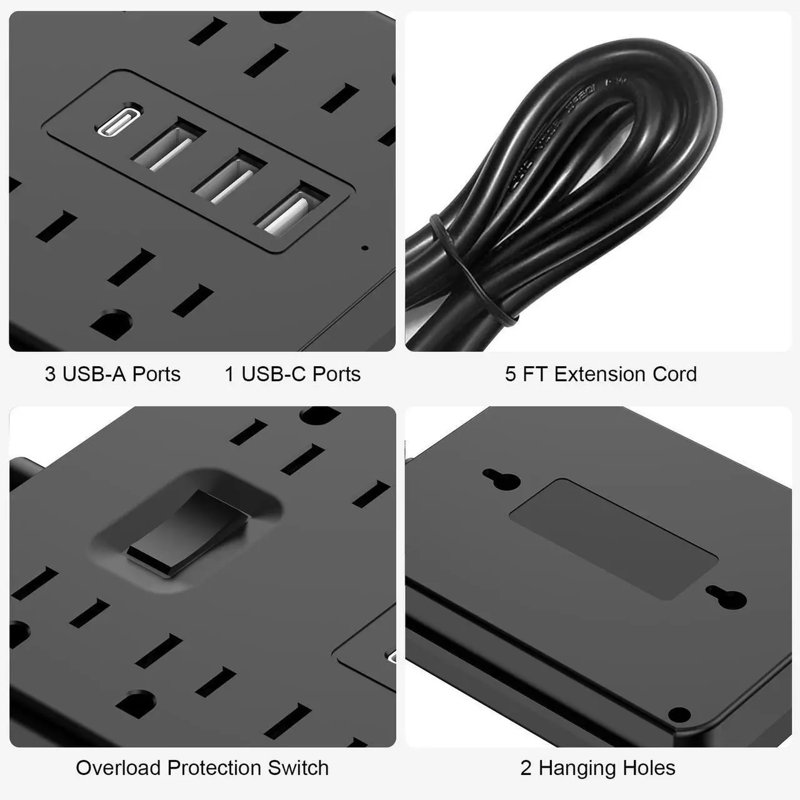 Multiprise 12 en 1 avec USB-C, 8 prises CA, 3 ports USB-A, cordon d'extension de 5 pi, interrupteur de protection contre les surcharges, barre d'alimentation murale pour bureau de bureau à domicile