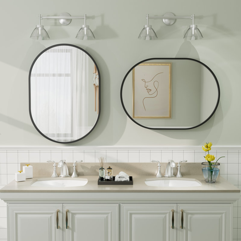 Amara Oval Tempered Glass and Aluminum Alloy Framed French Cleat Mounted Wall Mirror, 28" x 20", Matte Black