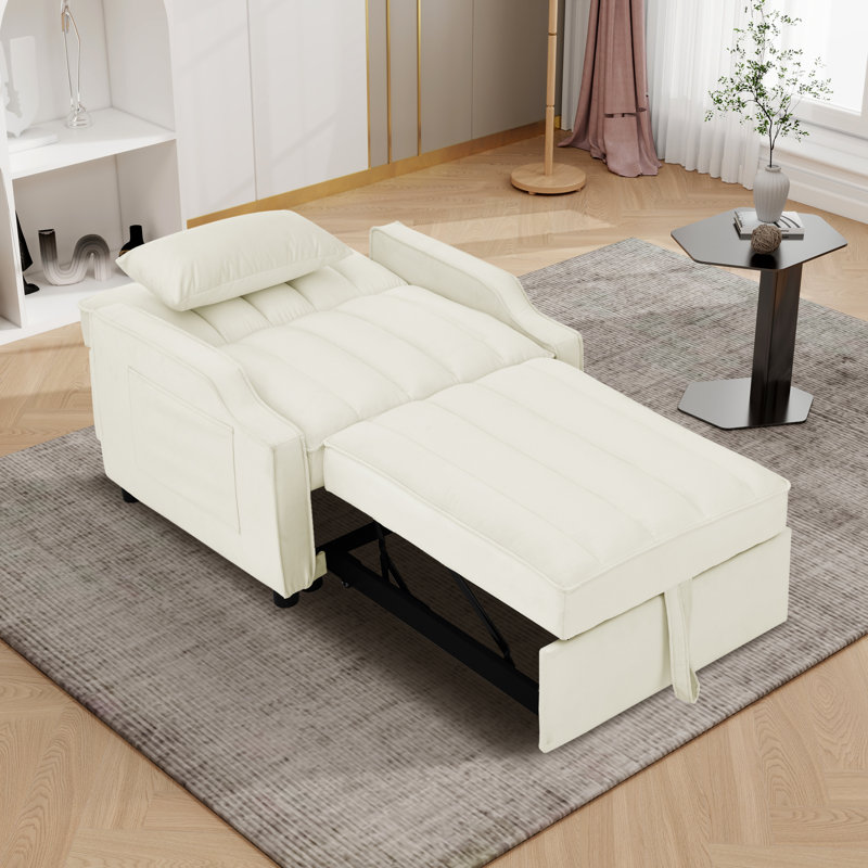 35.48" W Channel Tufted Convertible Chair, Beige Polyester