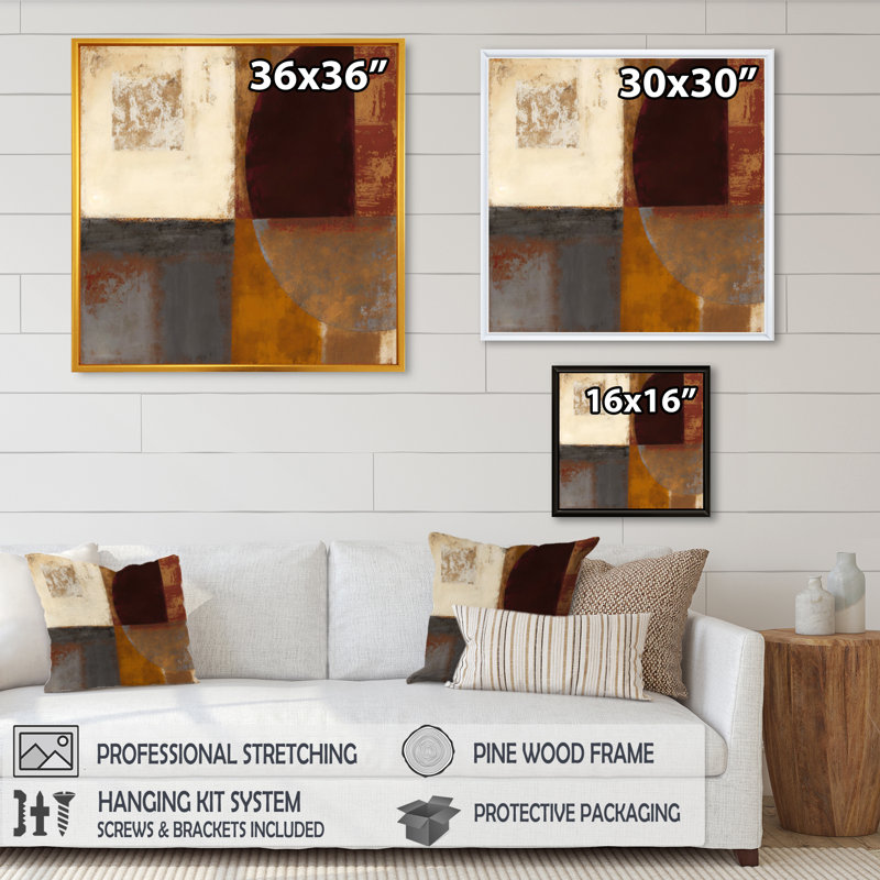 Chocolat brun élémentaire V - art abstrait sur toile, H 30 po x l 30 po x P 1 po, Cadre flottant doré