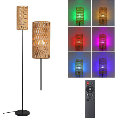 Farmhouse Rattan Floor Lamp With RGB LED Bulb, Remote Control, Handmade Shade, Sturdy Metal Base, E26 Socket For Living Room, Bedroom, Office