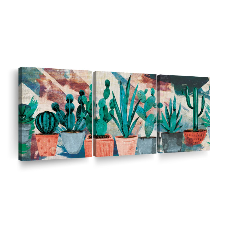 " Cactus Pots Multi Piece Canvas Print " 3 - Pieces, 36" H x 74" W x 1.25" D