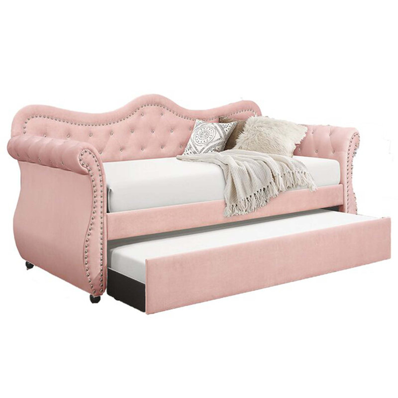 Modern Style Upholstered Velvet Wood Daybed With Trundle