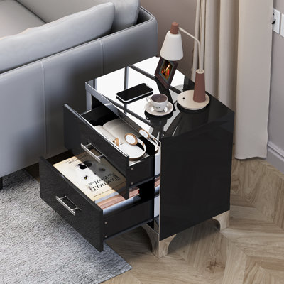 Modern Black Mirrored Nightstand With 2 Drawers - High Gloss End Table With Metal Handles For Bedroom And Living Room | Gift Idea