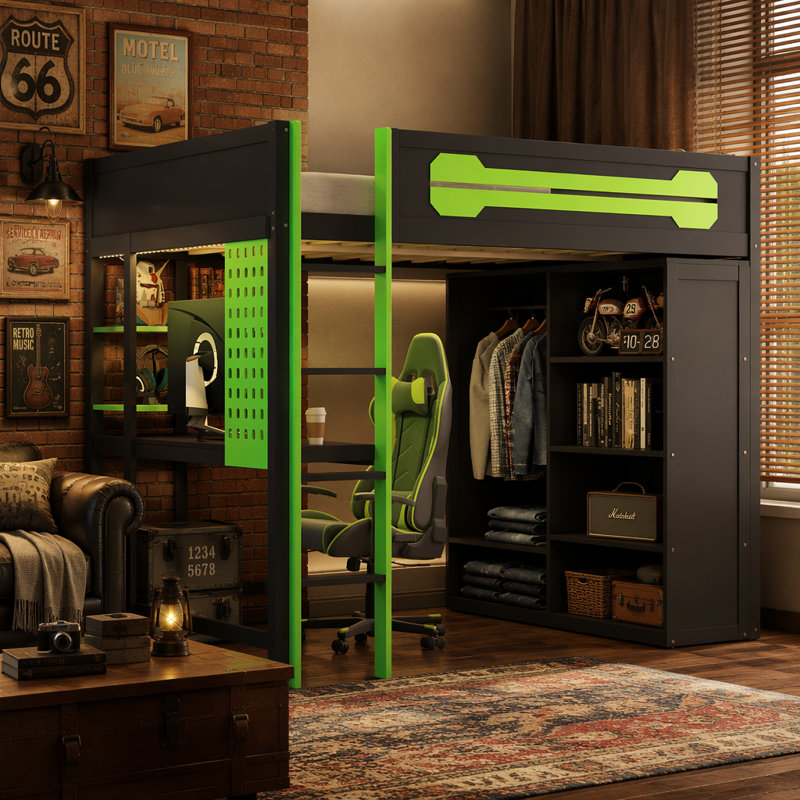 Lit mezzanine double en bois avec bureau, garde-robe ouverte et lumière RVB, vert