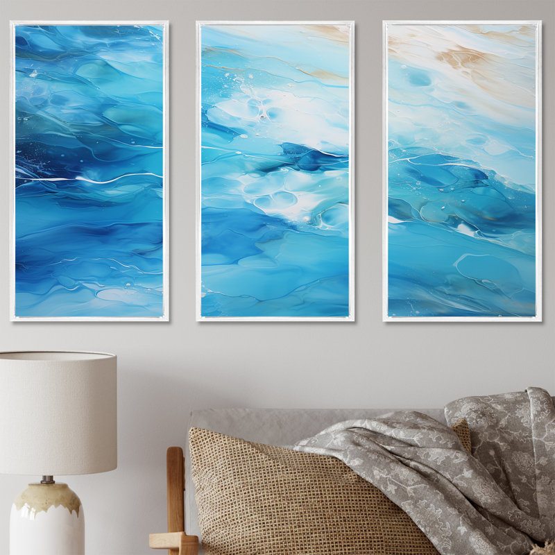«Azure Blue Lagoon Horizon - Coastal Waves», ensemble de reproduction d'art mural, Cadre flottant blanc