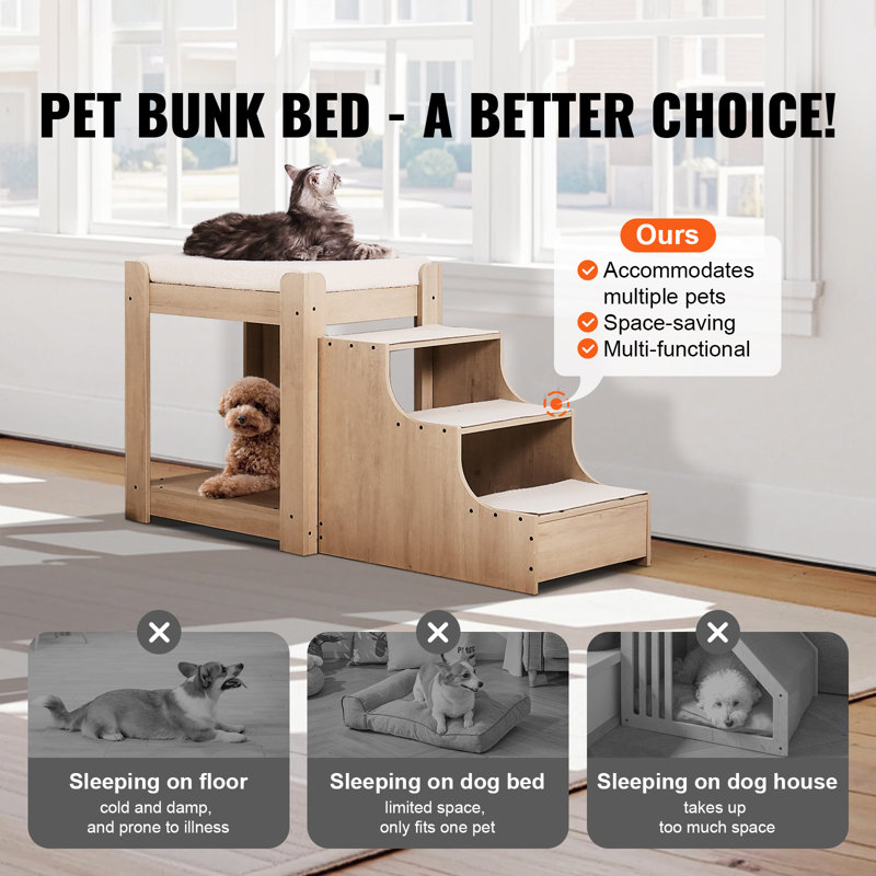Pet Bunk Bed with Stairs Dog/Cat Window Perch Sleeper Couch Medium Size, Beige