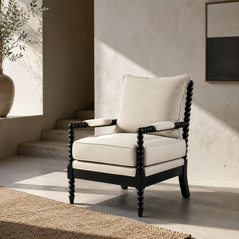 Fauteuil de détente rembourré en tissu avec structure en bois d'hévéa massif, coussin en mousse haute résilience, fauteuil d'appoint moderne pour salon et chambre