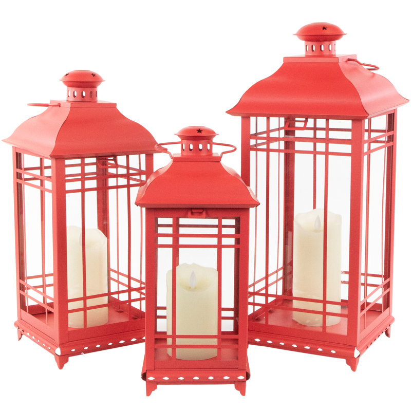Distressed Mission Style Candle Lanterns, Red