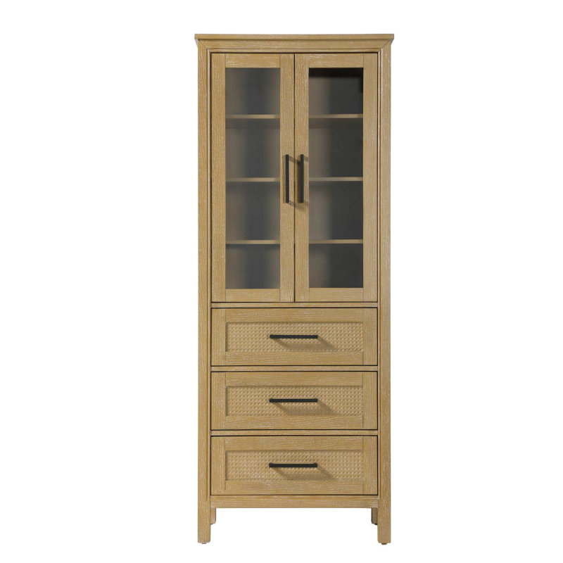 28 Inch Bath Storage Glass Cabinet in Linen Oak, 72" H x 28" W x 72" D, Linen Oak