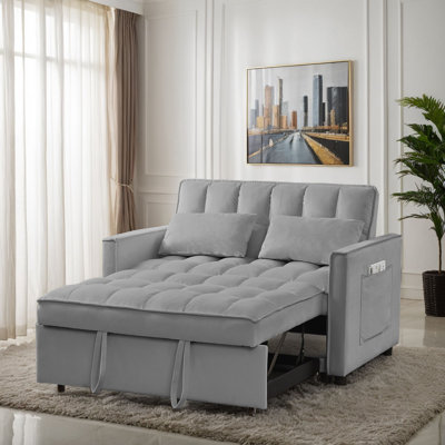 Modern Pull-Out 70" Velvet Convertible Loveseat Sleeper Bed Couch Sofa with Tufted Cushions and Pillow Set Side Pocket
