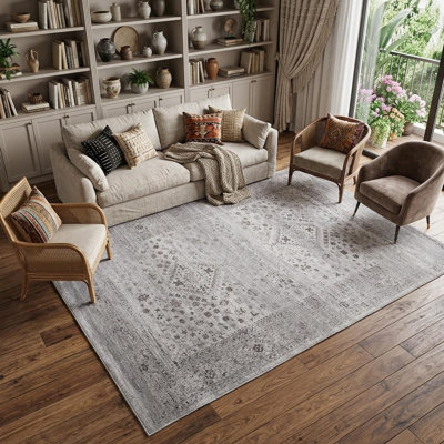 Tapis gris délavé tissé à la main 8 pi x 10 pi à motif géométrique abstrait