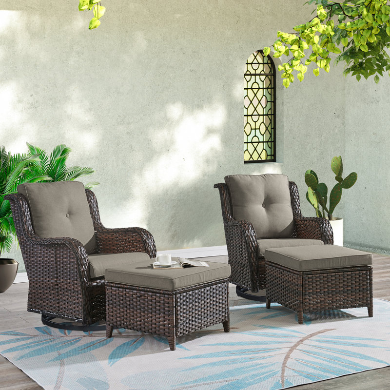 Bonia Makennah Swivel rocking Patio Chair with Cushions and Ottoman, Gray, Brown