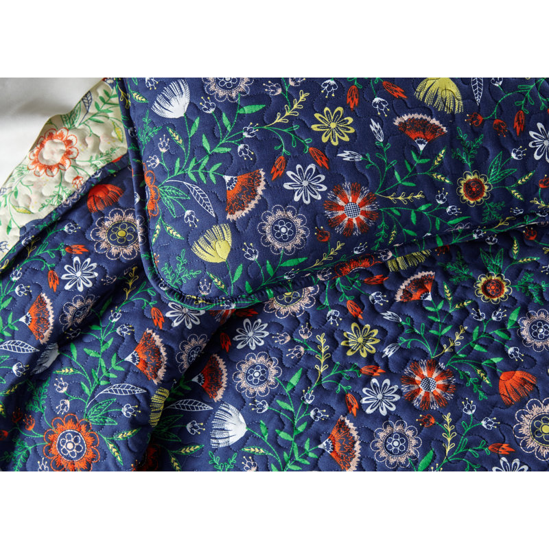 Boho Bloom Blue Microfiber Quilt Set, Twin Quilt + 1 Standard Sham