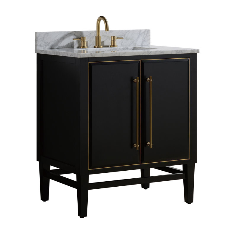 Mason 30" Single Bathroom Vanity with Carrara Marble Top, Navy Blue, Carrara White, Matte Gold
