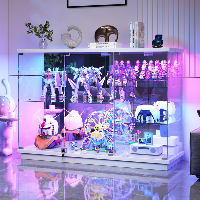 Display Sideboard with RGB Lights, Removable Glass Shelves and Lock, White