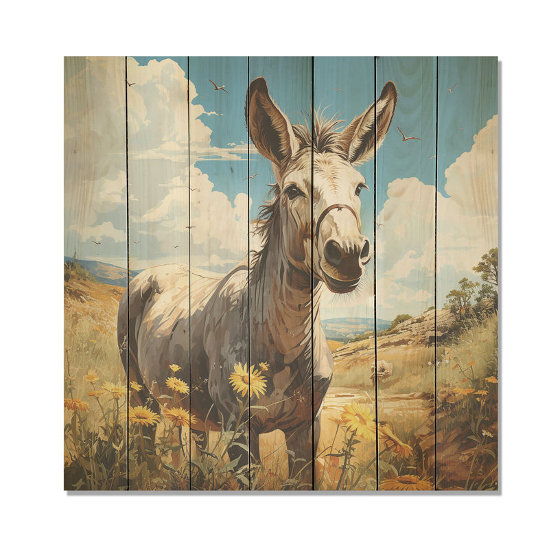 «Countryside Donkey Horizon I - Âne sur bois», H 30 po x l 30 po